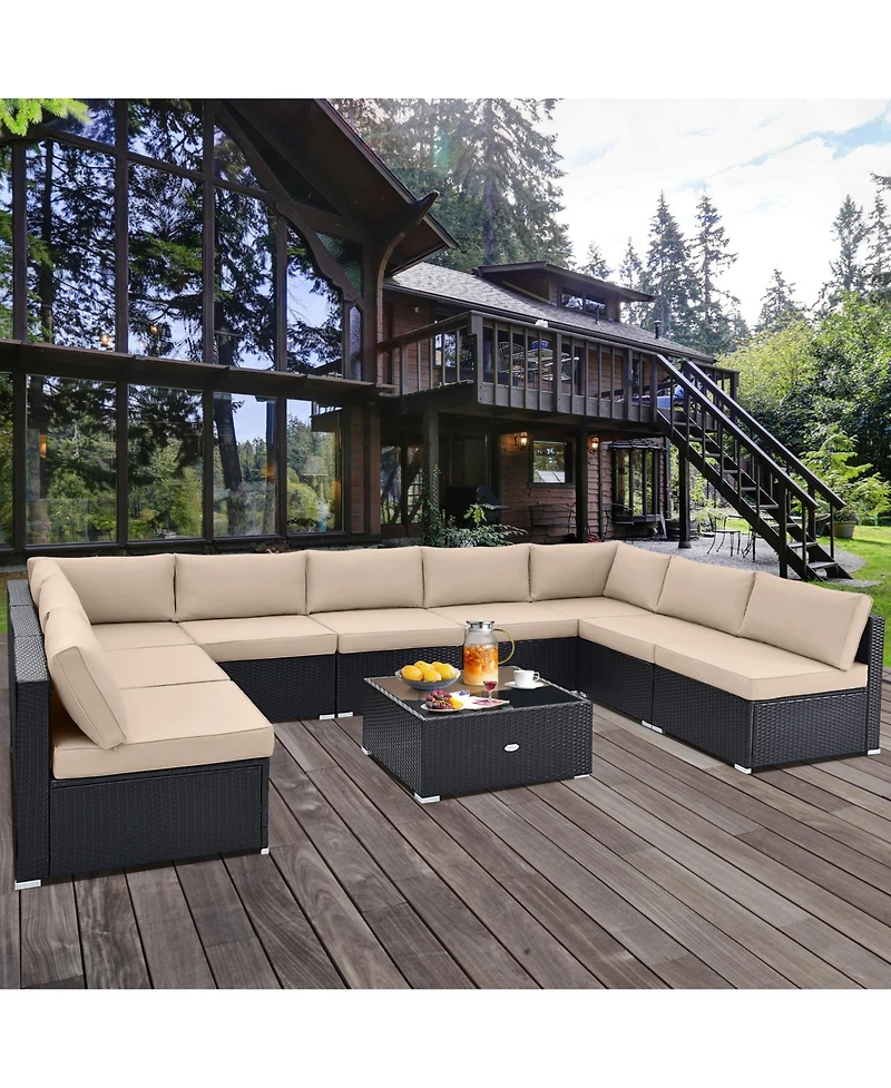 Sugift 10 Piece Outdoor Wicker Conversation Set with Seat and Back Cushions-Beige
