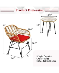 Sugift 3 Pieces Rattan Furniture Set with Cushioned Chair Table-Red
