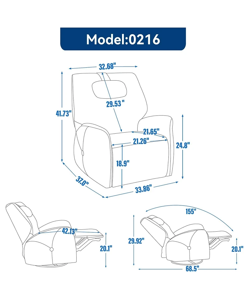 Streamdale Beige Swivel Recliner with Lumbar Pillow, Usb/C Ports