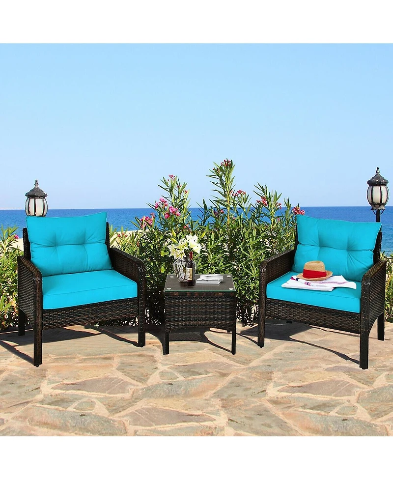 Sugift 3 Pcs Outdoor Patio Rattan Conversation Set with Seat Cushions-Turquoise
