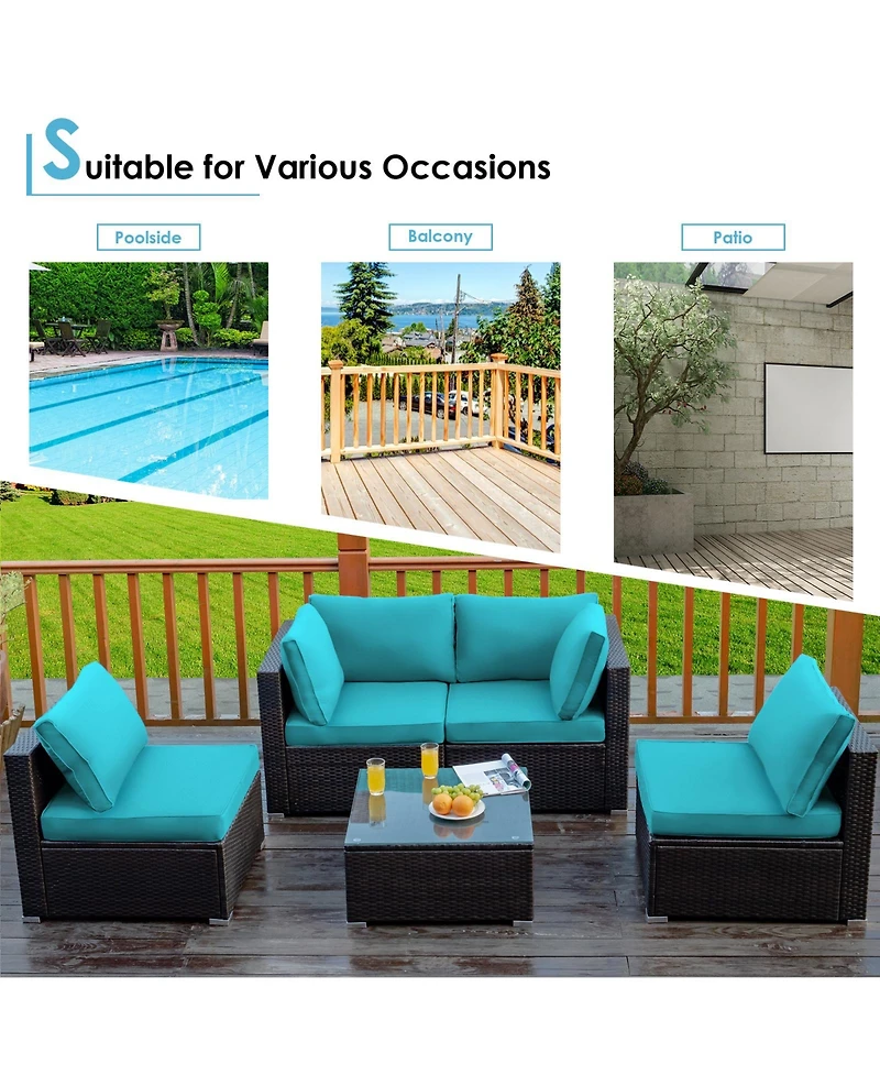 Sugift 5 Pieces Cushioned Patio Rattan Furniture Set with Glass Table-Turquoise