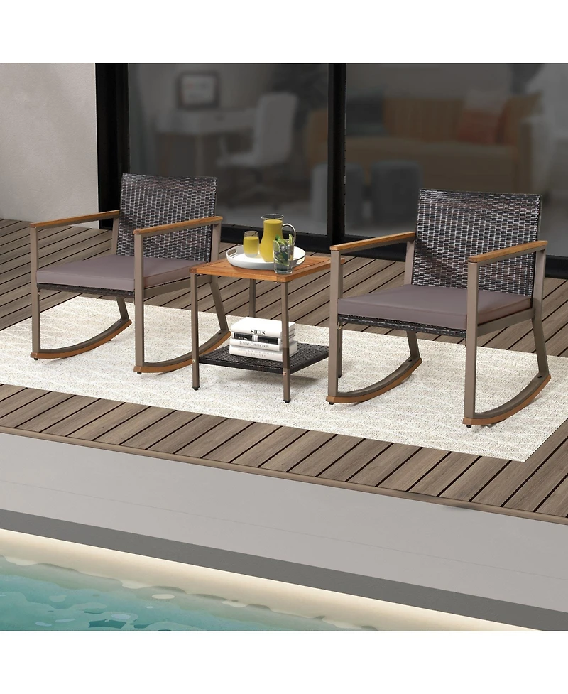 Sugift 3 Pieces Rattan Rocking Bistro Set with Coffee Table and Cushions-Gray