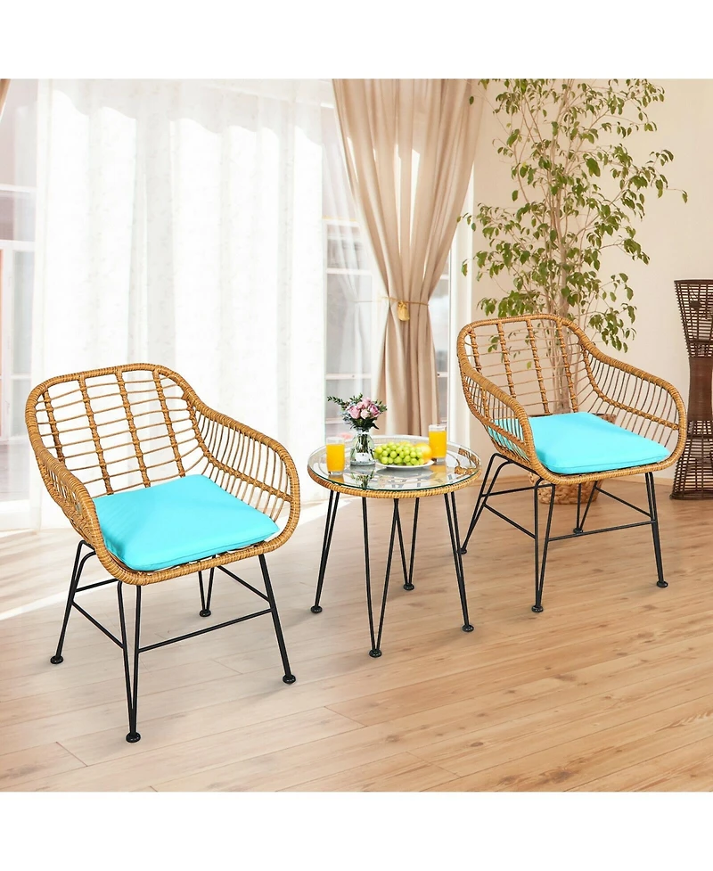Sugift 3 Pieces Rattan Furniture Set with Cushioned Chair Table-Turquoise