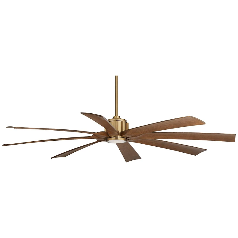 Possini Euro Design 70" Defender Indoor Outdoor Ceiling Fan 8 Blade Led Light Remote Control Soft Brass Motor Koa Finish Blades Damp Rated