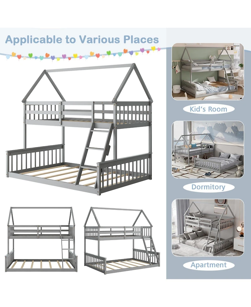 Sugift Twin Over Full House Bunk Bed with Ladder and Guardrails-Gray