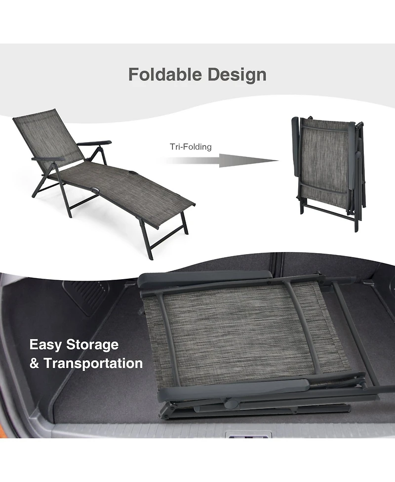 Sugift 2 Pieces Foldable Chaise Lounge Chair with 2-Position Footrest-Gray