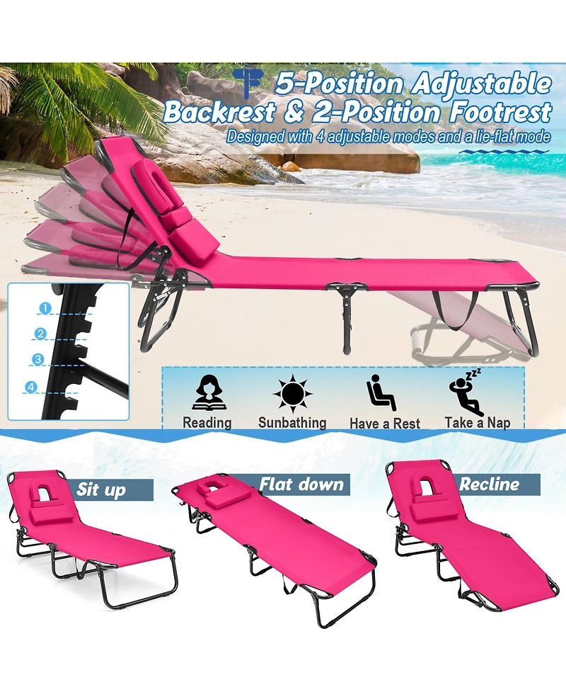Sugift Beach Chaise Lounge Chair with Face Hole and Removable Pillow-Pink