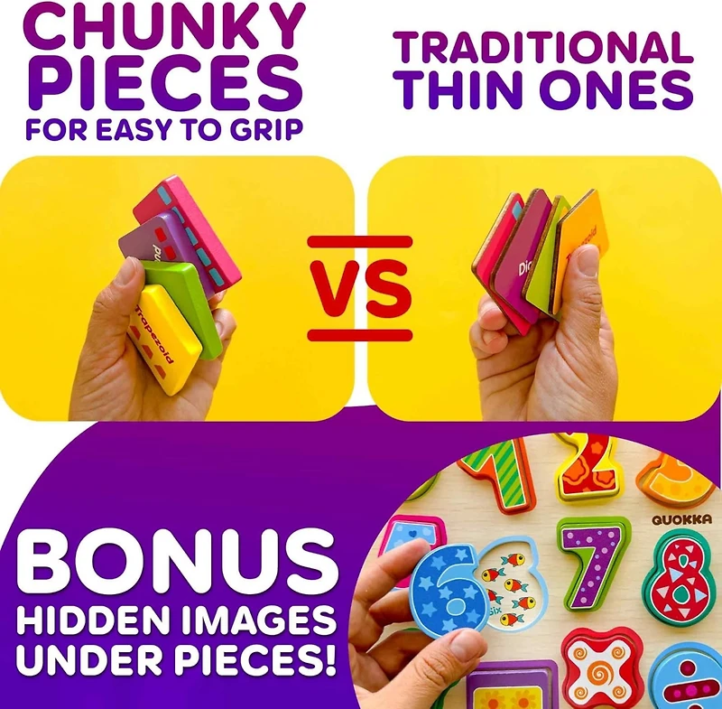 Quokka 3xSET Chunky Wooden Puzzles for Toddlers 1-3 - Numbers Alphabet Shapes