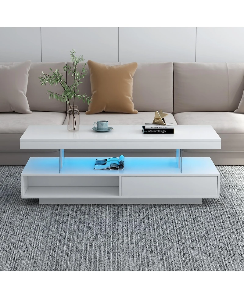 Contemporary Led Coffee Table – Lighted Center Table with Storage Drawers & Shelves for Home Interiors