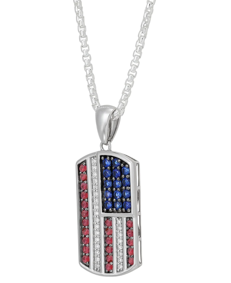 Grown With Love Men's Lab Grown Multi-Gemstone (2-3/8 ct. t.w.) Flag Dog Tag 22" Pendant Necklace in Sterling Silver
