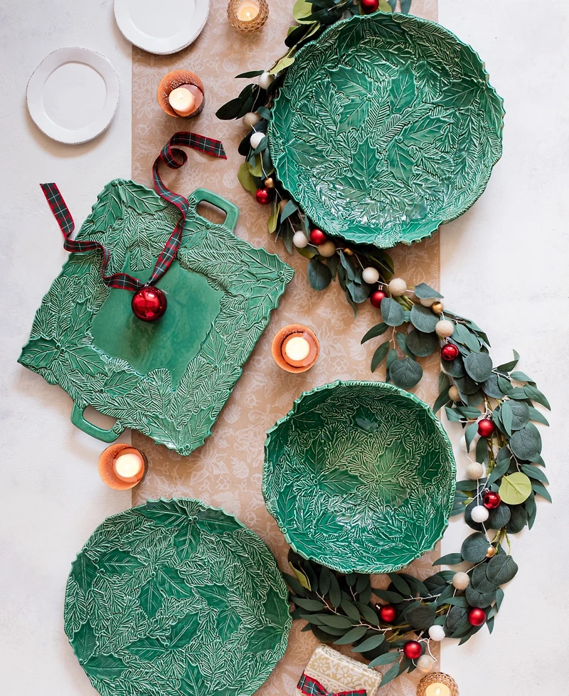 Vietri Lastra Holiday Green Figural Handled Square Platter