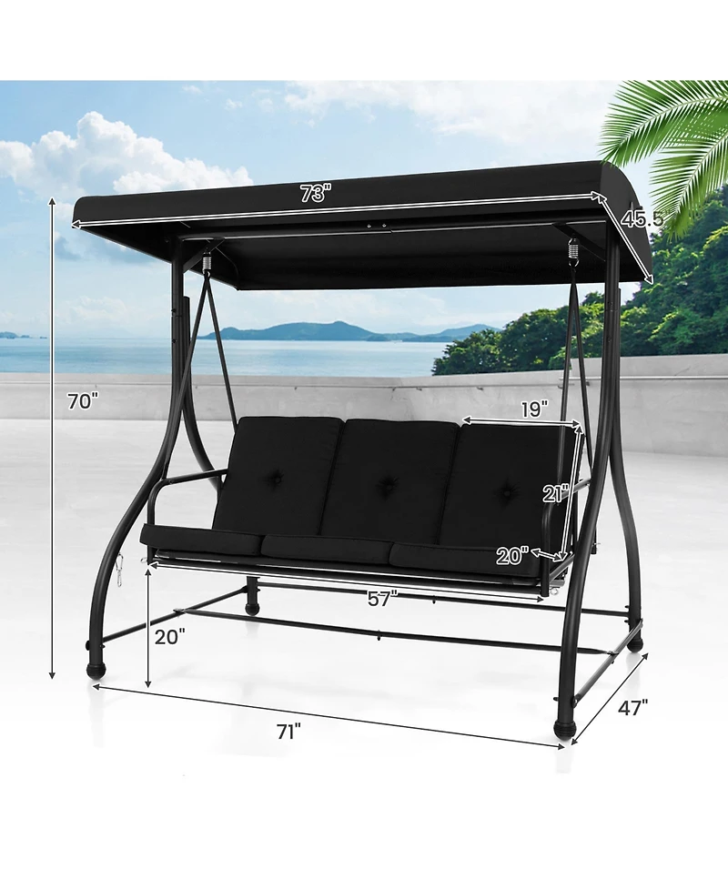 Sugift 3 Seat Outdoor Porch Swing with Adjustable Canopy-Black