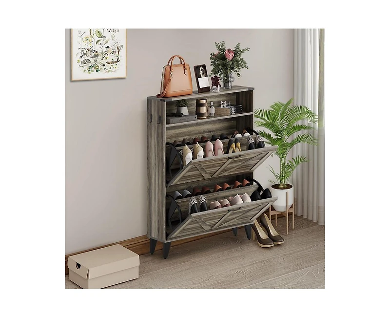 gaomon Shoe Cabinet Storage for Entryway, Hidde Large Capacity Freestanding Shoe Organizer with 2 Flip Drawers, Adjustable Shelf, Narrow Farmhouse Sho