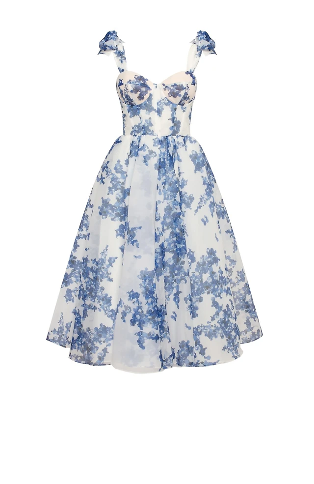Milla Women's Charming Blue Hydrangea-Patterned Organza Midi Dress | Arden Fair Milla Women's Charming Blue Hydrangea-Patterned Organza Midi Dress | Arden Fair