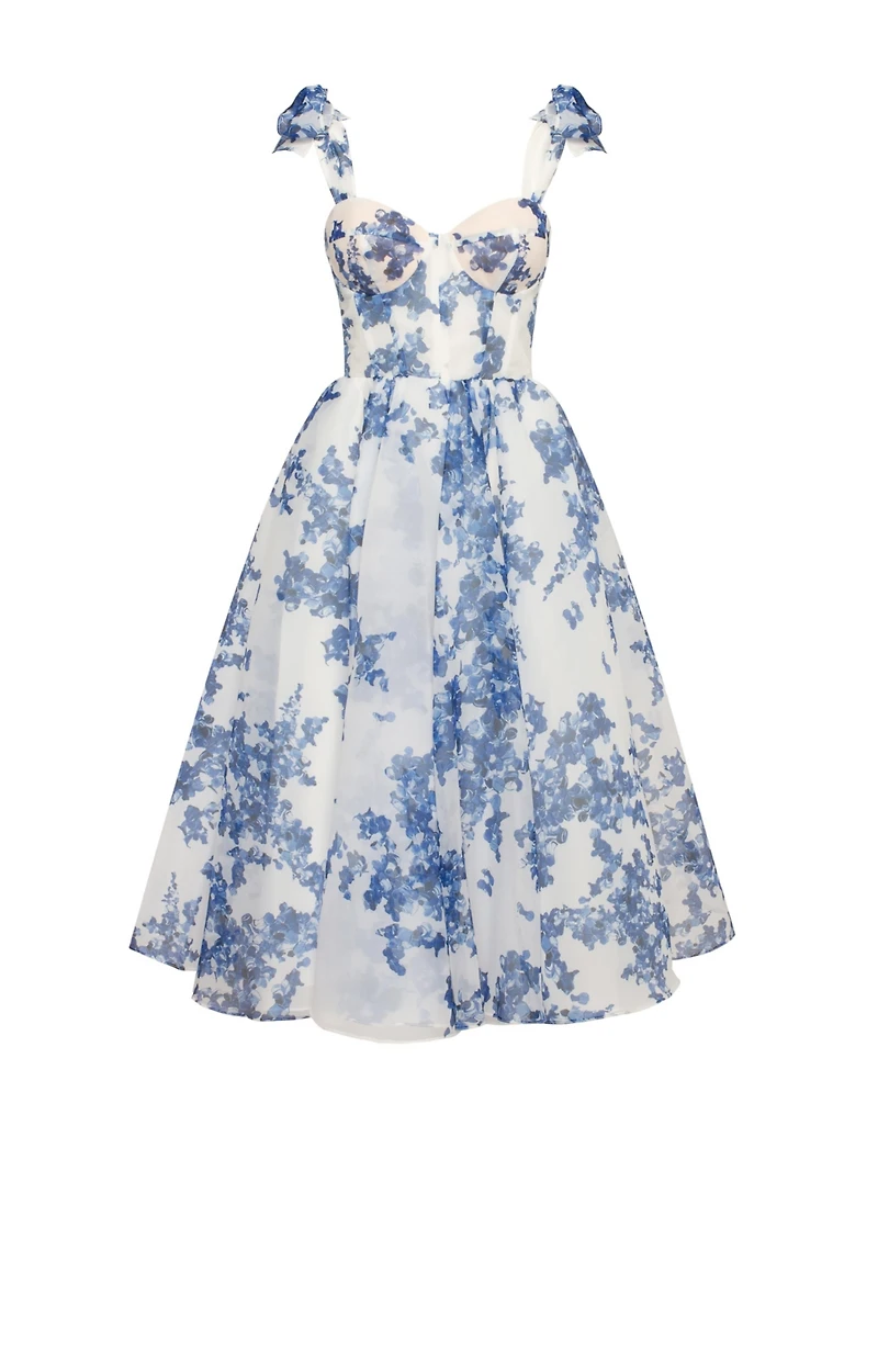 Milla Women's Charming Blue Hydrangea-Patterned Organza Midi Dress
