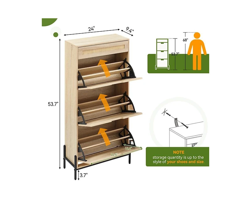 gaomon Natural Rattan 3 Flip Door Shoe Cabinet, Modern Shoe Rack Storage Organizer with Drawer and 3-Tier Adjustable Shelves, Freestanding Shoe Cabine