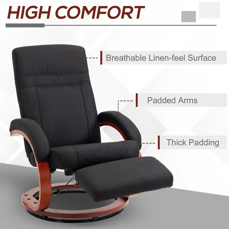 Manual Recliner Chair for Adults, Adjustable Swivel Recliner with Footrest, Padded Arms and Wood Base for Living Room, Black