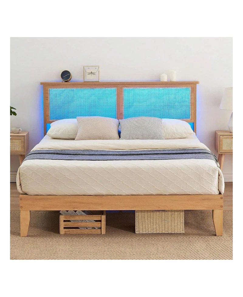 gaomon Rattan Bed Frame Queen With Natural Rattan Headboard,Queen Bed Frame With Led Lights,Rattan Queen Bed Frame With Headboard,Solid Wood Foundatio