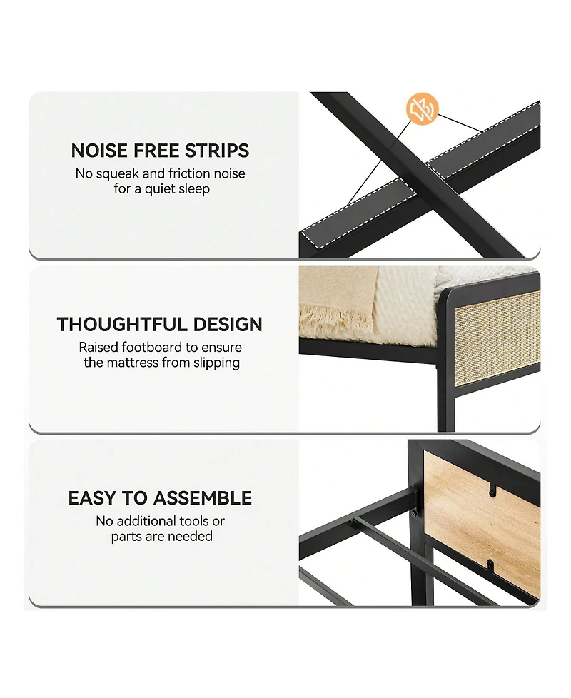 gaomon Bed Frame, Metal Bed Frame With Rattan Headboard And Footboard, Platform Bed Frame With Safe Rounded Corners, Under Bed Storage, Strong Metal S