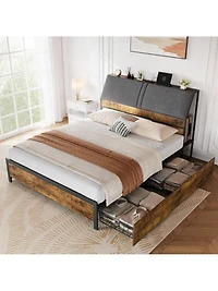 gaomon Full Bed Frame With Charging Station And 4 Storage Drawers, Metal Platform Bed With Ergonomic Large Storage Headboard, Noise-Free, No Box Sprin