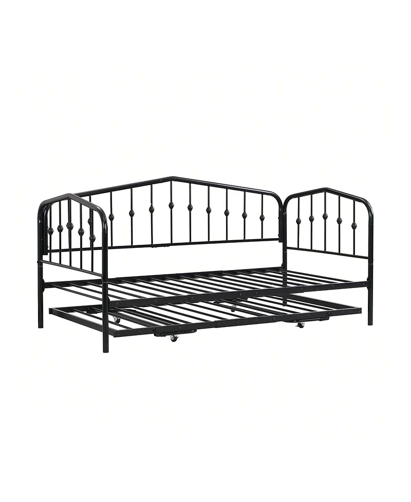 gaomon Twin Size Metal Daybed With Trundle,Sofa Bed Frame With Portable Folding Trundle For Kids Teens Adults, Steel Slat Support,Easy To Assemble & N