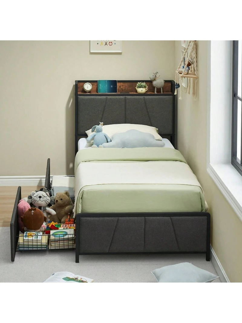gaomon Twin/Full/Queen/King Size Bed Frame With 2 Storage Drawers And Charging Station, Rustic Linen Upholstered Platform Bedframe With Storage Headbo
