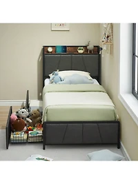 gaomon Twin/Full/Queen/King Size Bed Frame With 2 Storage Drawers And Charging Station, Rustic Linen Upholstered Platform Bedframe With Storage Headbo