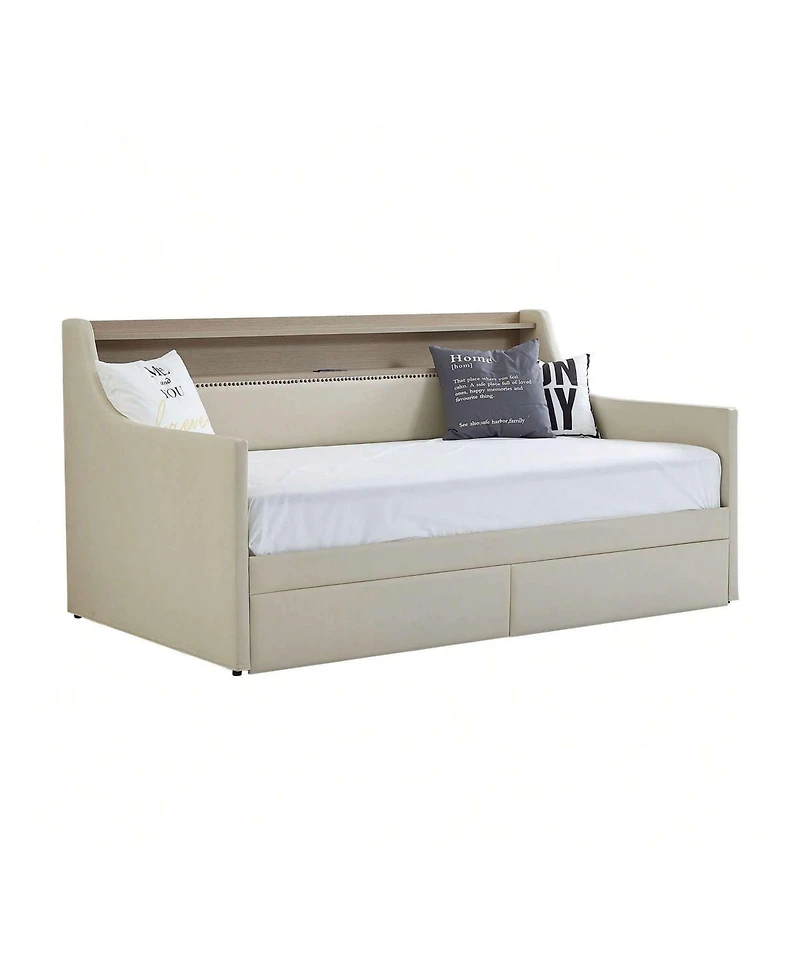 gaomon Twin Size Daybed With 2 Storage Drawers And Storage Headboard, Pu Leather Upholstered Daybed Bed Frame With Charging Station And Rgb Led Lights