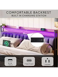 gaomon Full Size Bed Frame With Storage Headboard, 2 Drawers, Charging Station Led Upholstered Bed Frame, No Box Spring Needed Platform Bed Frame For