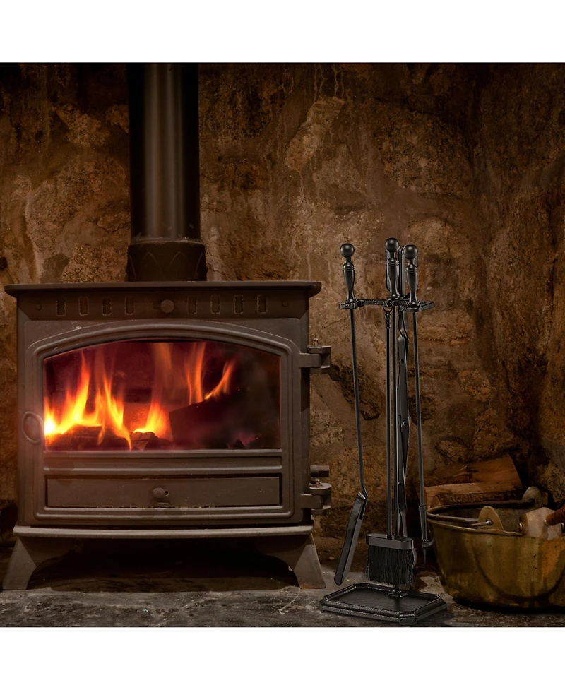 Gouun 5-Piece Fireplace Tool Set with Tong Brush Shovel Poker Stand-Black