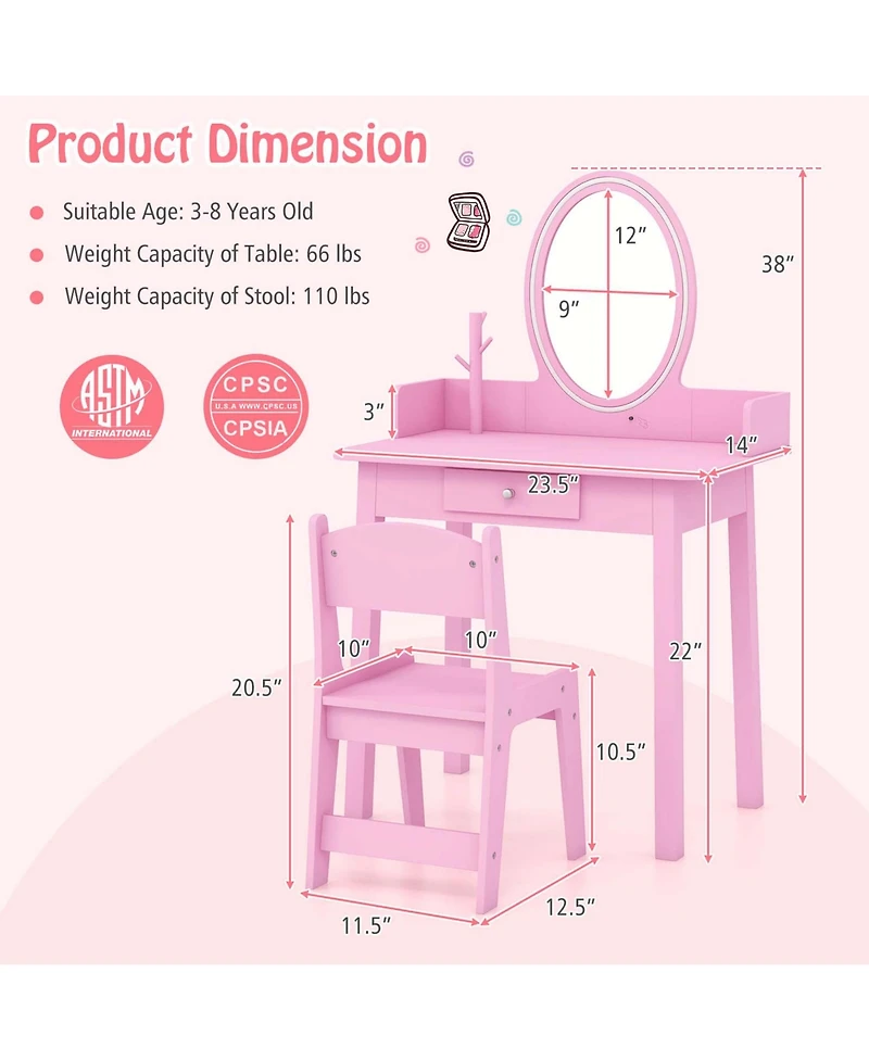 Kids Vanity Set with Lighted Mirror Chair 2-Color Led Lighting for Girls Makeup