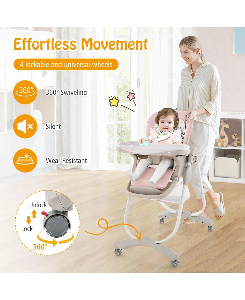 Costway High Chair for Babies & Toddlers with Rolling Wheels Adjustable Height Footrest