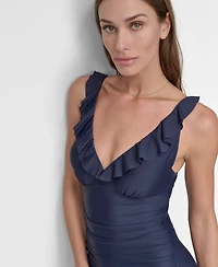 Dkny Ruffle Plunge Underwire Tummy Control One-Piece Swimsuit