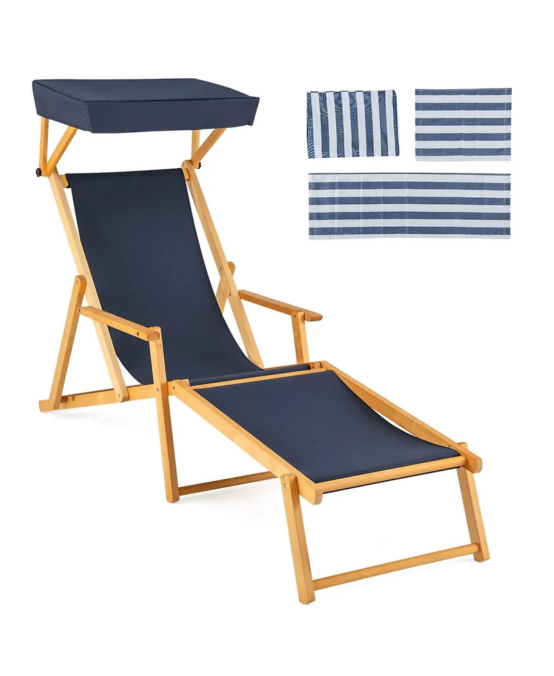Costway Birch Wood Chaise Lounge Chair with Adjustable Canopy Reclining Backrest & Footrest