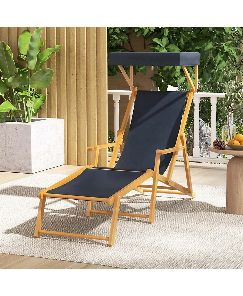 Costway Birch Wood Chaise Lounge Chair with Adjustable Canopy Reclining Backrest & Footrest