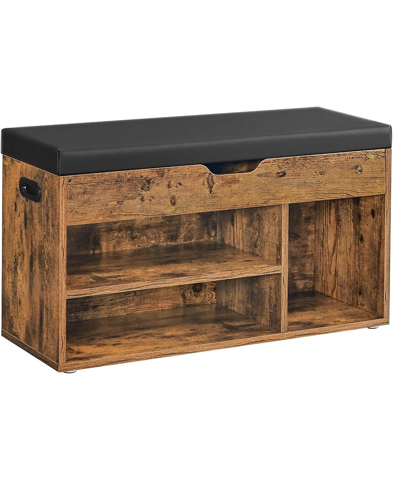Songmics Home Storage Bench with 3 Storage Compartments & Padded Seat, Rustic Brown & Black