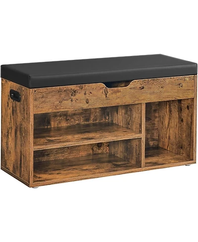 Songmics Home Storage Bench with 3 Storage Compartments & Padded Seat, Rustic Brown & Black