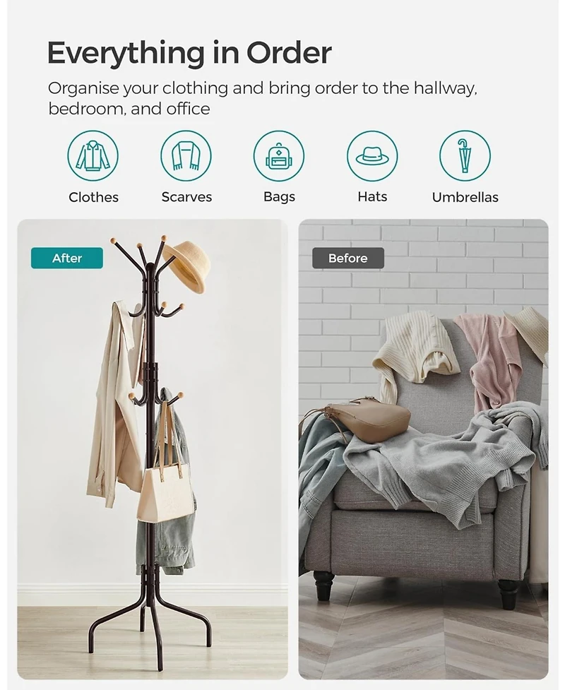Songmics Home Freestanding Tree-Shaped Coat Rack with 4 Legs & 12 Hooks, Coffee Brown