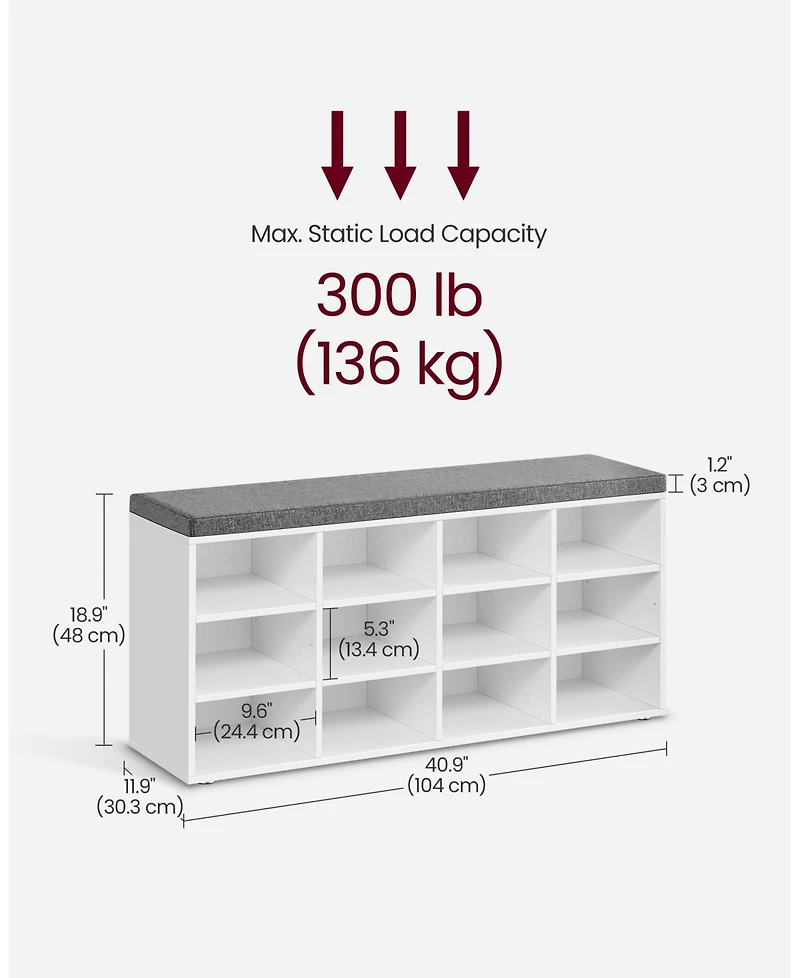 Songmics Home Cushioned Shoe Bench with storage, 12 Compartments, Cloud White & Dove Gray