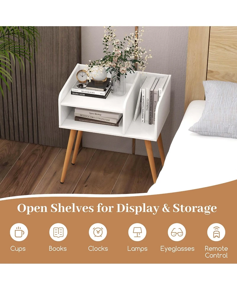 Costway Mid Century Modern End Table with Open Shelves Metal Support Legs for Bedroom