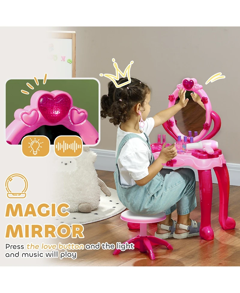 Qaba Kids Vanity Set with Mirror and Stool, Light and Sound, 15 Accessories