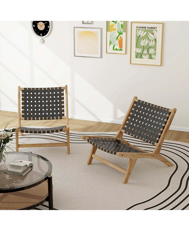 Modern Teak Wood Lounge Chair with Nylon Woven Backrest & Seat Comfy Reading