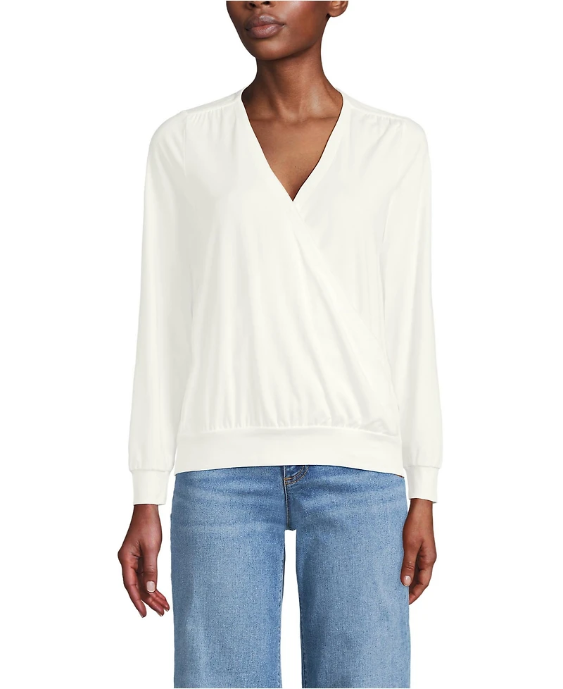 Lands' End Women's Long Sleeve Lightweight Jersey Surplice Blouse