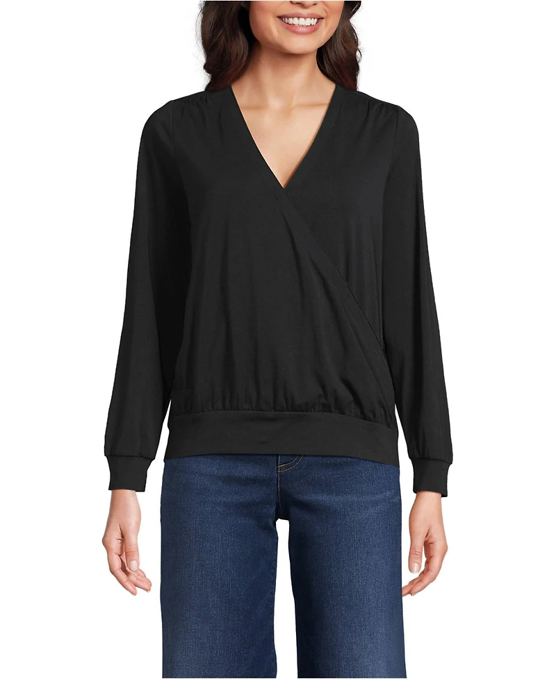 Lands' End Women's Long Sleeve Lightweight Jersey Surplice Blouse