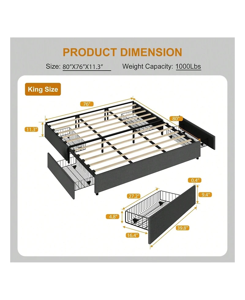 gaomon Platform Bed Frame, Fabric Upholstered With 4 Storage Drawers, No Box Spring Needed, Wooden Slats Support, Noise Free, Easy Assembly
