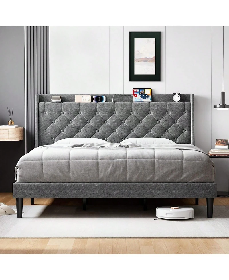 gaomon Queen/King Size Bed Frame With Upholstered Wingback Headboard, Luxurious Linen Upholstery Platform Bed With Charging Station, Button Tufted Des