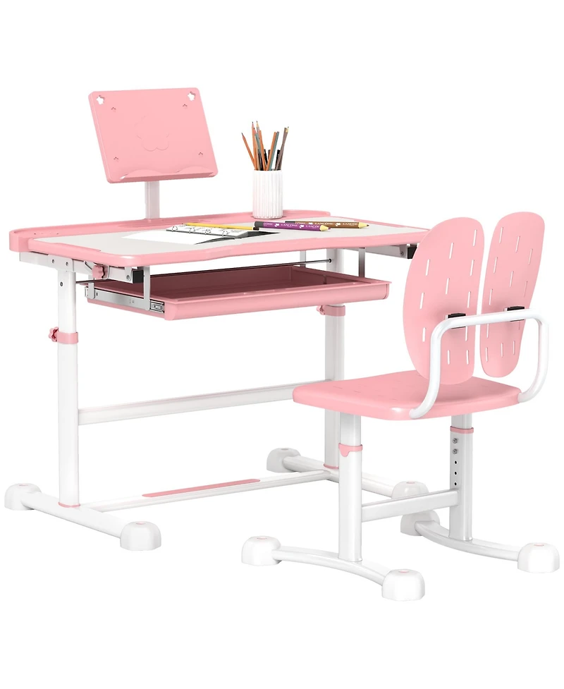 Qaba Adjustable Kids Desk and Chair Set with Tilt Desktop, Storage,