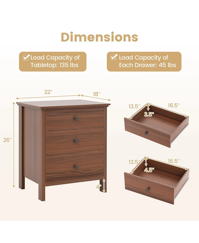 Gymax 3-Drawer Nightstand Wooden Bedside Table Modern Side End Table Walnut