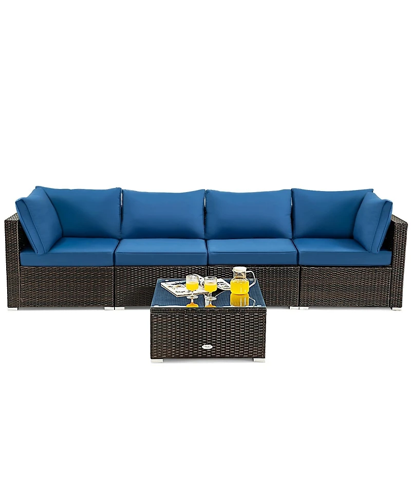 Sugift 5 Pieces Cushioned Patio Rattan Furniture Set with Glass Table