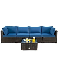 Sugift 5 Pieces Cushioned Patio Rattan Furniture Set with Glass Table
